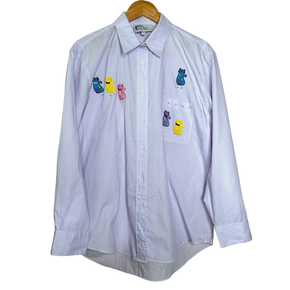 🩷 Las Olas Women Large Button Down Long Sleeve Shirt Cat embroidered pocket